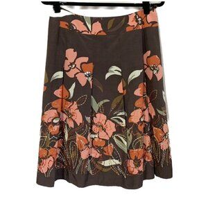 Talbots Brown Silk Blend Floral Embroidered Beaded A-Line Skirt Women’s 10